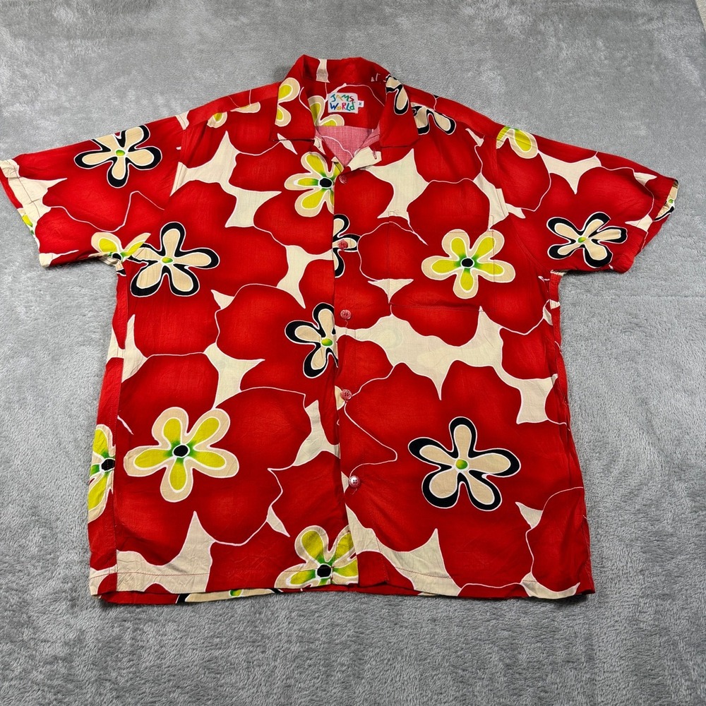 Vintage Jams World Button Down Shirt Mens Medium Red Floral Rayon Hawaiian